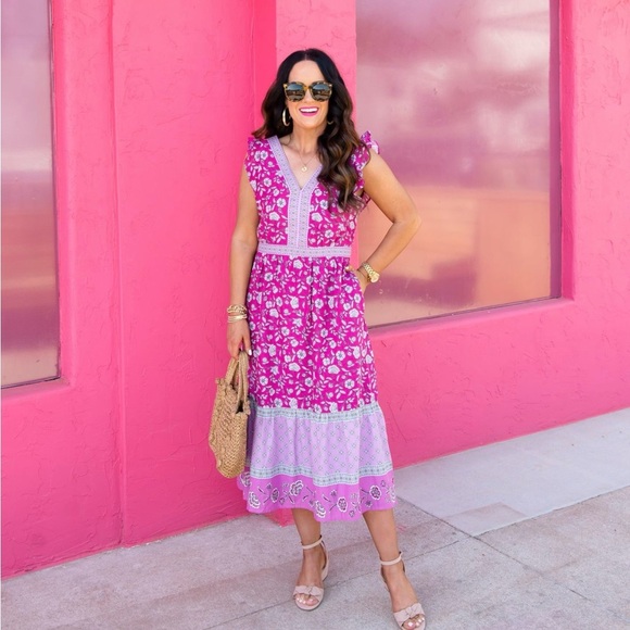 LOFT border Ruffle Midi Pocket Dress Paisley Teired Cottegecore Peasent 2 Boho - Picture 1 of 10